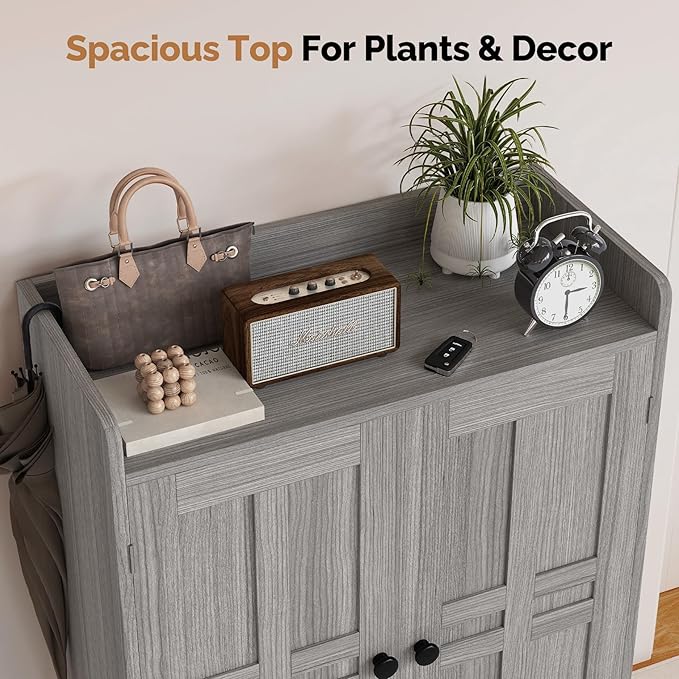 Entrance Shoe Cabinet with Doors,6-Tier Farmhouse Shoe Storage Organizer with Adjustable Shelves Holds 18-28 Pairs and Metal Legs, Entry Organizer Entryway, Living Room (Grey)