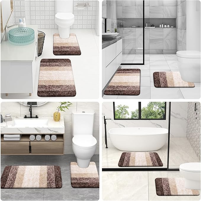 OLANLY Bathroom Rug Set 2 Piece, Soft Absorbent Microfiber Bath Mats and U-Shaped Contour Toilet Rug, Non-Slip, Machine Wash Dry, Plush Shaggy Bath Mats for Bathroom (30"x20"+24"x20", Brown)