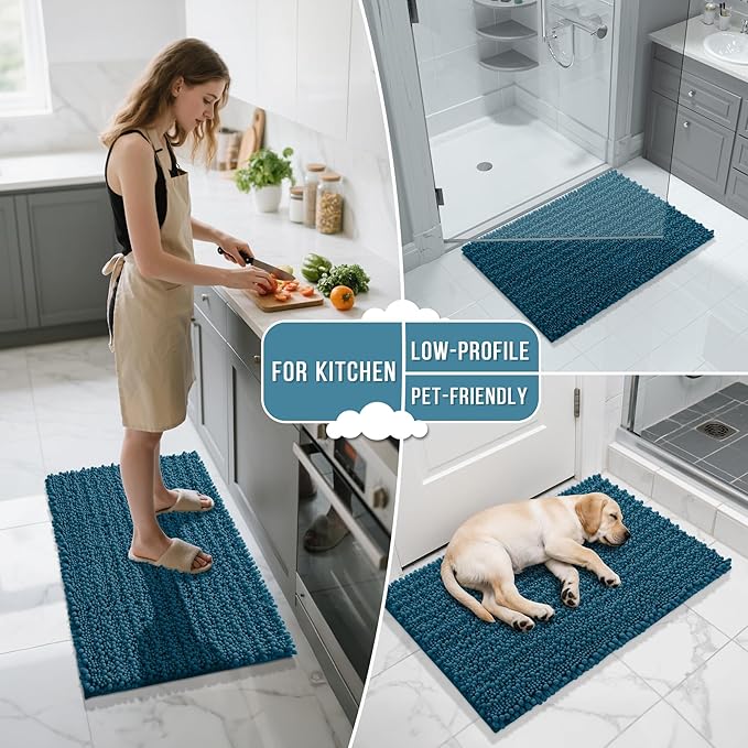 Yimobra Bathroom Runner Rug 60x24 Inch - Extra Long Non Slip Chenille Bath Mat, Soft & Absorbent, Machine Washable Shaggy Hallway Carpet for Vanity Tub Shower, Peacock Blue Home Decor Accessories