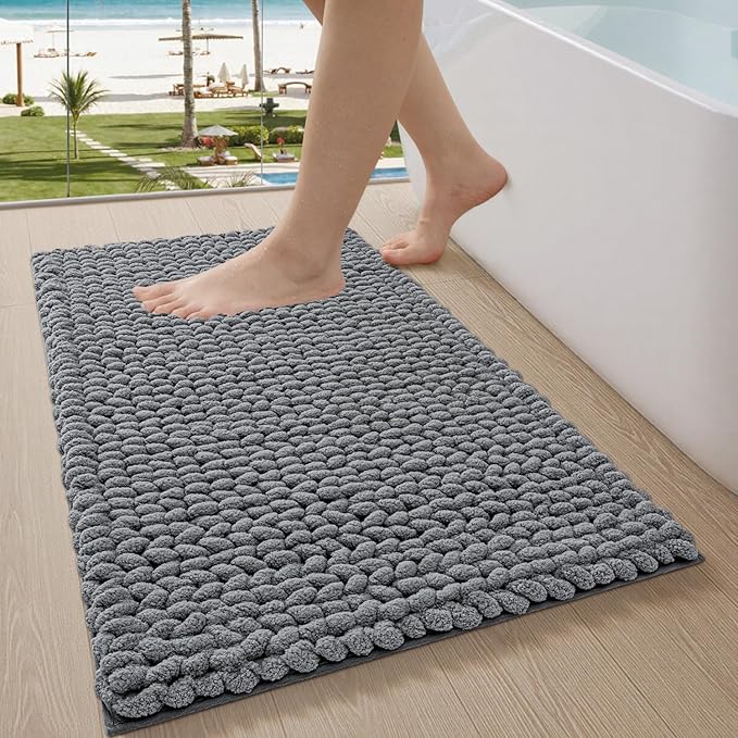 LUMI Luxury Bathroom Rug, Ultra Soft Quick Dry Bath Mat, Non-Slip Absorbent Thick Chenille Bath Rug, Cozy Braid Design Floor Mat for Bathtub, Sink, Laundry, Bedroom, Grey, 24"x43"