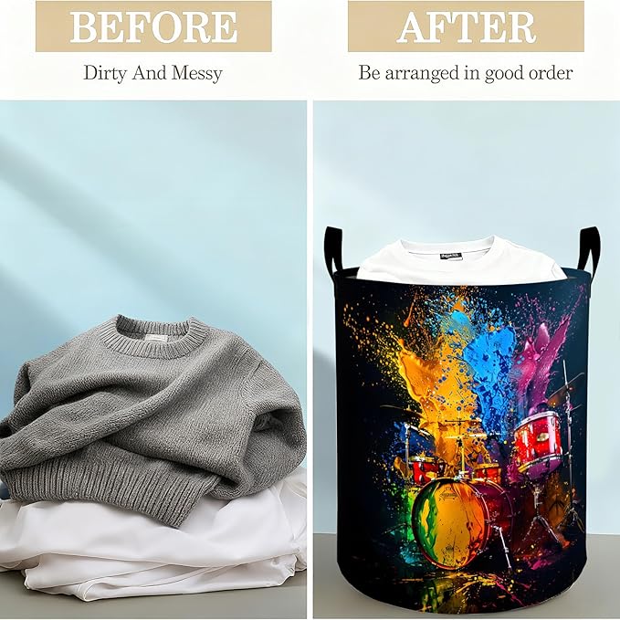 Drum Set Laundry Basket Hamper for Boys Girls Kids Adults, Foldable Waterproof Oxford Clothes Storage Bin, Colorful Paint Splash Music Art Organizer for Bedroom Bathroom Room Decor 19.7"x15.8"