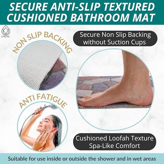 Enkosi Loofah Non-Slip Shower Mat - Shower Floors, Bathtub, Bathrooms, Wet Areas - Cushioned Bath Mat with Drain Holes - Quick Dry PVC, Secure Safety Pad Without Suction Cups (32x24 Stone Path)