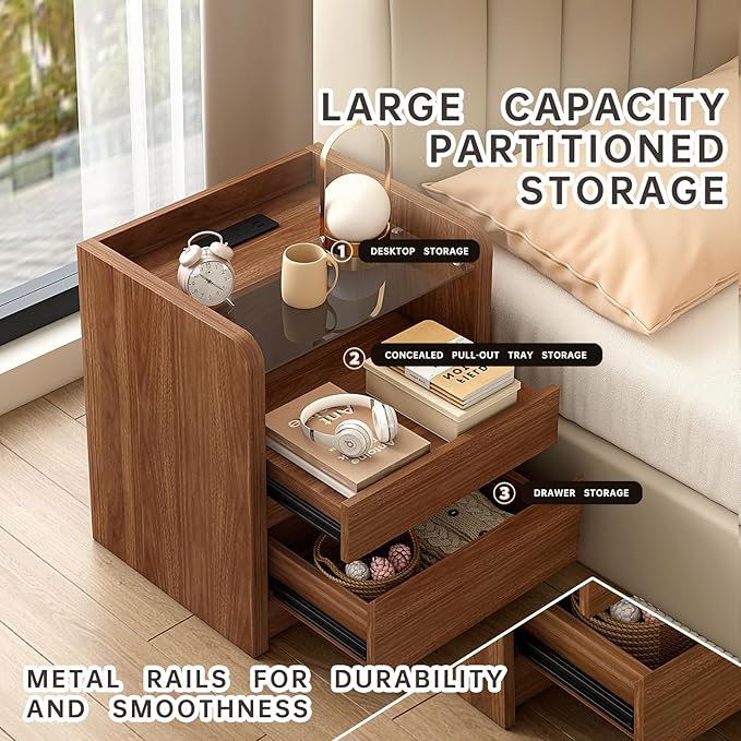Walnut Nightstand with Charging Station, 20 Inch Wide Night Stand with Deep Drawers, Modern Bedroom Bedside End Table with Round Corners & Reinforced Panel Design for Dorm, Sofa, Office
