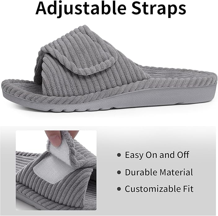 Litfun Orthopedic House Slippers for Women Adjustable Arch Support Indoor Slippers Open Toe Corduroy Bedroom Shoes