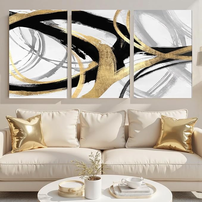 DUWQU 3 Piece Large Black and Gold Abstract Canvas Wall Art, Modern Black Gold and White Wall Decor, Spiral Brushstrokes Line Art Prints for Living Room Bedroom Office Home Decorations 24×36x3 In