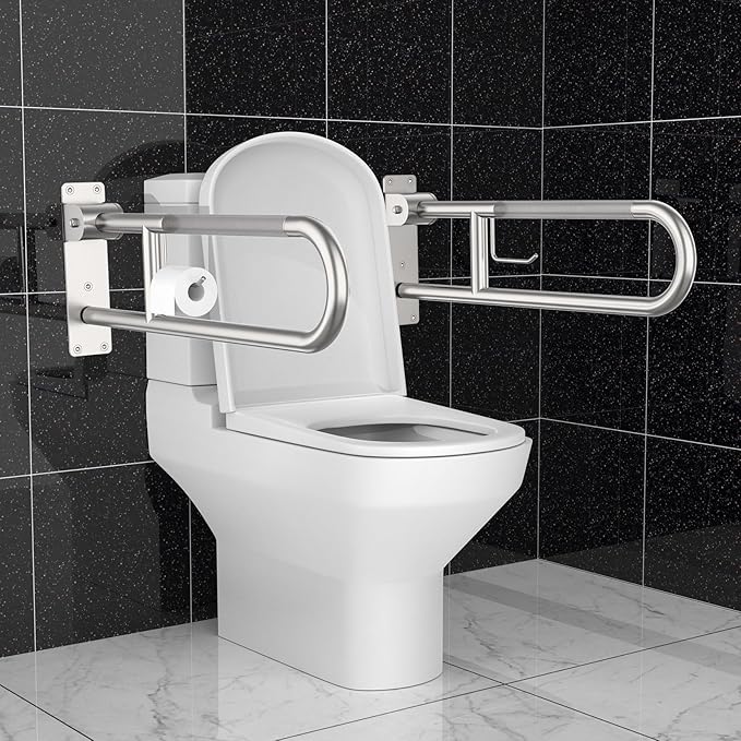Toilet Grab Bar 30.3 Inch, Munzong Anti-Slip Handicap Grab Bars with Paper Holder, Flip-Up Bathroom Toilet Safety Rails, Stainless Steel Knurled Support handrails for Seniors Elderly Disabled Pregnant