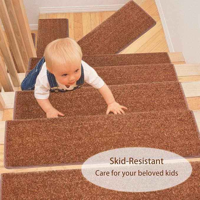 PURE ERA Bullnose Carpet Stair Treads Set Tape Free Non-Slip Indoor Stair Protectors Pet Friendly Rugs Covers Soft Skid Resistant Washable Reusable 9.5" x 30"(7 Pieces,Brown)