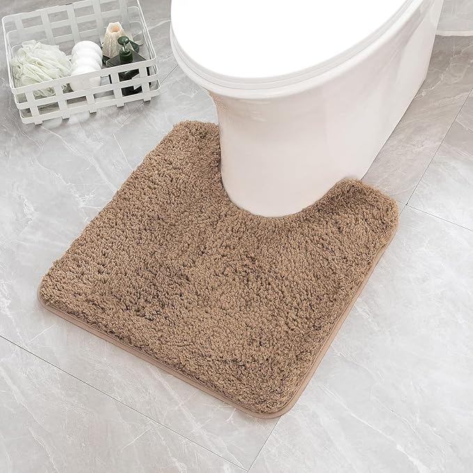 MIULEE Microfiber Toilet Bath Mat U-Shaped Contour Shaggy Bathroom Rugs Non Slip Extra Thick Soft Bath Rug Absorbent Water for Bathroom Commode Machine Washable(24x24 Inch, Light Brown)