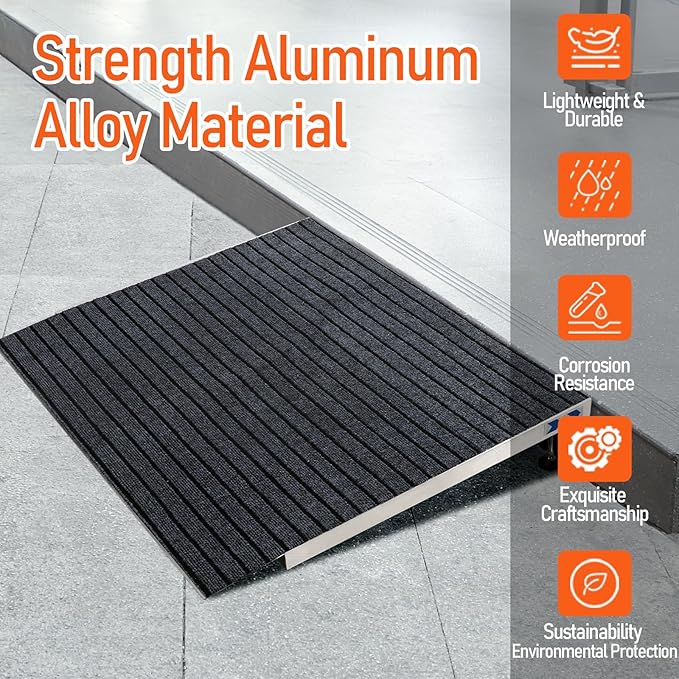 Threshold Ramp for Wheelchairs, 3-5.5" Rise and 24"×36" Platform Aluminum Wheelchair Ramp, Door Threshold Ramps with a Non-Slip Thick Door Mat