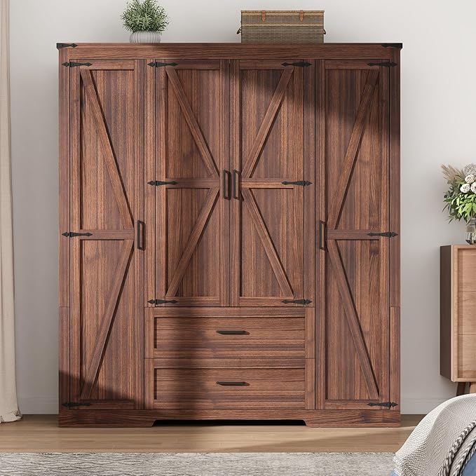 4 Doors Wardrobe Armoire Closet with Doors and Drawers, Farmhouse Wooden Armoire Storage Cabinet with Shelves & Hanging Rod for Bedroom, Brown