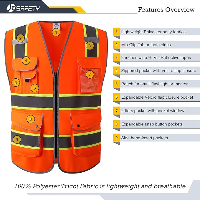 JKSafety 9 Pockets High Visibility Zipper Front Safety Vest | Orange with Dual Tone High Reflective Strips | Meets ANSI/ISEA Standards (901-Orange, 3X-Large)