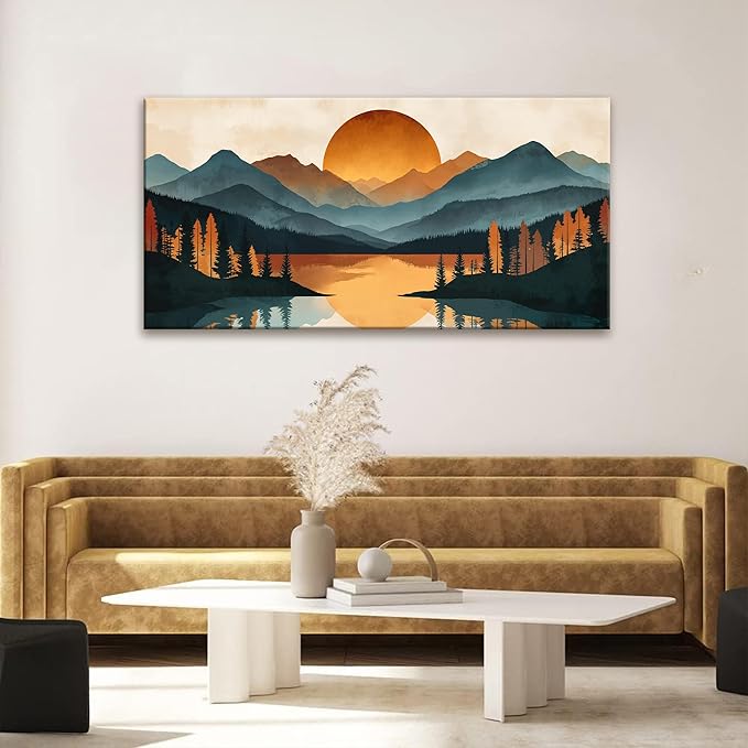 Suconvng Mountain Boho Wall Art For Living Room Prints Canvas Art Wall Decor For Office Home Wall Decorations Picture For Bedroom Forest River Landscape Prints Paintings Pictures Artwork 24 X 48 In