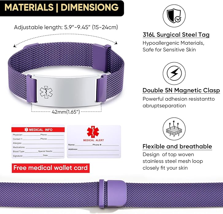 VNOX Medical Alert Id Bracelet for Men Women, Custom Engraving Adjustable Stainless Steel Customizable Mesh Emergency Survival Medic Bracelets Wristband Loop Band with Replacement Tag