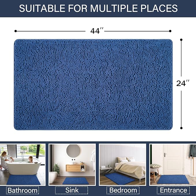 LOCHAS Luxury Bathroom Rug Shaggy Bath Mat 24 x 44 Inch, Washable Non Slip Bath Rugs for Bathroom Shower, Soft Plush Chenille Absorbent Carpets Mats, Blue
