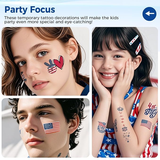 4th of July Temporary Tattoos - 80 Pcs Independence Day American Flag Red White and Blue Tattoos for Kids,Memorial Day,Labor Day,Fourth of July Party Decorations and USA Party Favors 10 Sheets