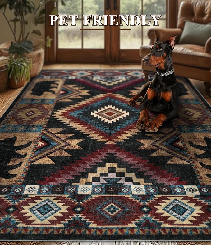 YIHOUSE Rustic Cabin Area Rug for Bedroom 6x9,Machine Washable Lodge Bear Rug,Non-Slip Low Pile Print Pattern Western Rug for Living Room