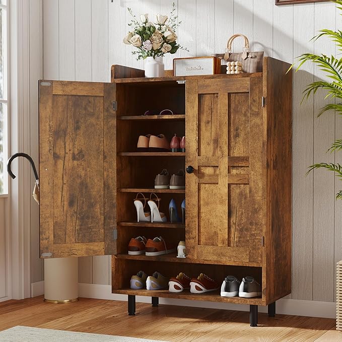 Entrance Shoe Cabinet with Doors,6-Tier Farmhouse Shoe Storage Organizer with Adjustable Shelves Holds 18-24 Pairs and Metal Legs, Entry Organizer Entryway, Living Room (Rustic Brwon)