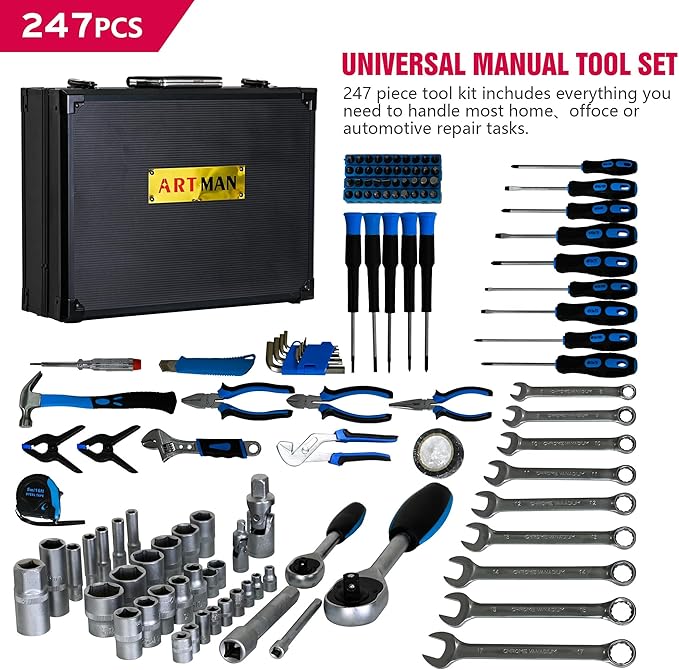 247-Piece Universal Manual Tool Set Kit – Mechanics Tool Box with Wrenches, Sockets, Screwdrivers, Pliers, Ratchet & More – Ideal for Home, Auto Repair & DIY Projects