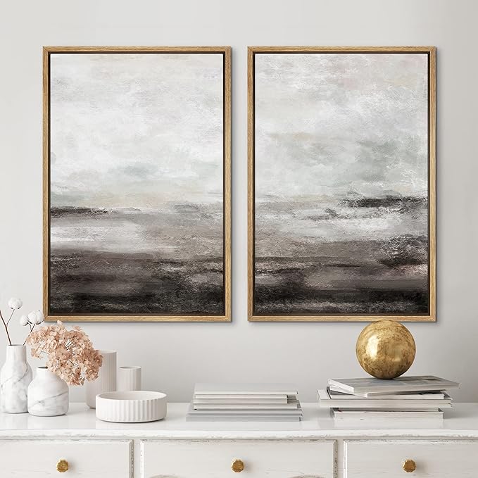 MUDECOR Framed Wall Art Print Set Brown and Gray Grunge Paint Stroke Landscape Abstract Shapes Illustrations Modern Minimalist Chic Relax/Calm for Living Room, Bedroom, Office - 24"x36"x2 Natural