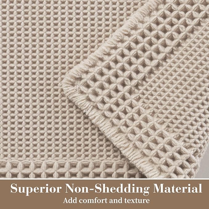 RESARE Waffle Bathroom Runner Rugs, Super Absorbent Bath Mat Non Slip Washable Quick Dry, Upgraded Ultra Soft Boho Bath Rugs with Tassels for Hallway Bedroom Laundry Room, 2'x6'(24"x72"), Pale Beige