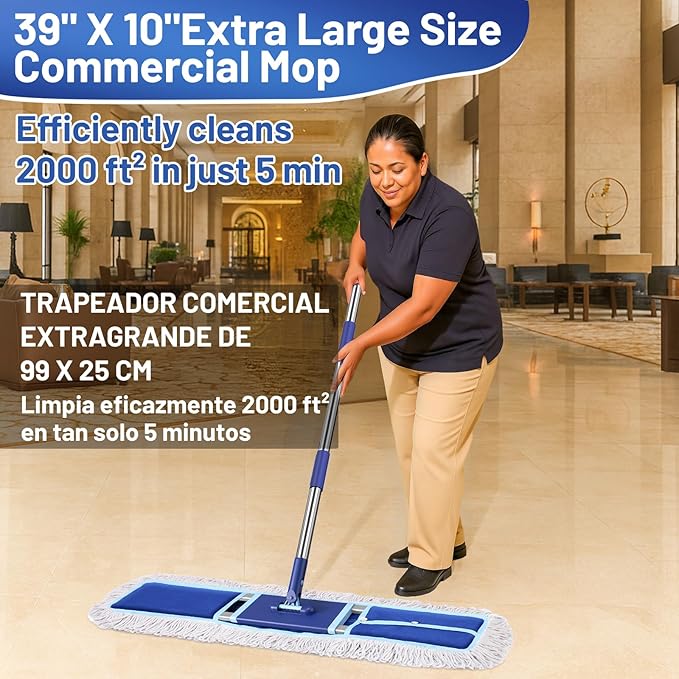 36" Commercial Dust Mop: Dry Dust Broom for Hardwood Floors Cleaning - 2 Reausable Mop Pads 59" Long Handle Heavy Duty Frame - Professional Cleaning Supplies for Hotel Warehouse School Janitor