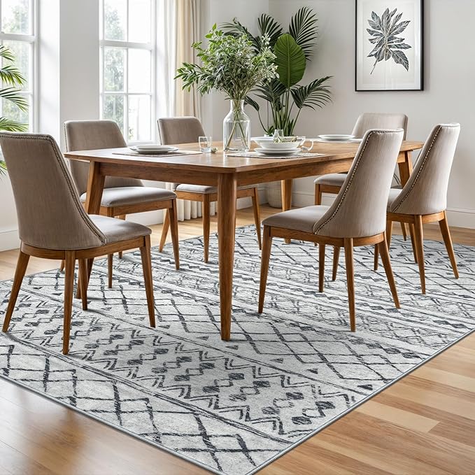 KUTA Boho 6x9 Area Rugs, Moroccan Washable Kitchen Entry Rug Non Slip, Grey Ultra Soft Print Distressed Geometric Low-Pile Throw Carpet for Bedroom Nursery Dorm Decor