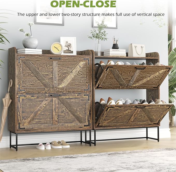 Shoe Cabinet Storage for Entryway with 2 Flip Drawers, 31.5’’ W Hidden Shoe Cabinet with Metal Legs & Hooks, Farmhouse Narrow Shoe Organizer for Hallway, Rustic Brown