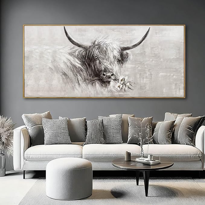 MLART99 Extra large Elegant Cow Canvas Animal Wall Art White and Grey Posters with Floral Gold Ox Print - 32x70 Inch Modern Home Decor for Living Room Entryway