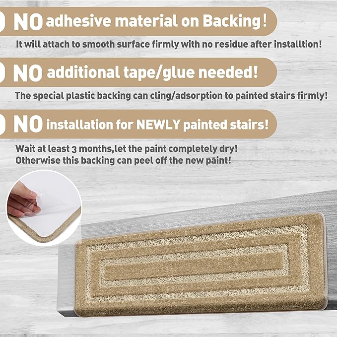 PURE ERA Bullnose Carpet Stair Treads Set Tape Free Non-Slip Indoor Stair Protectors Pet Friendly Rugs 9.5" x 30"(2 Pieces,Khaki Rectangular)