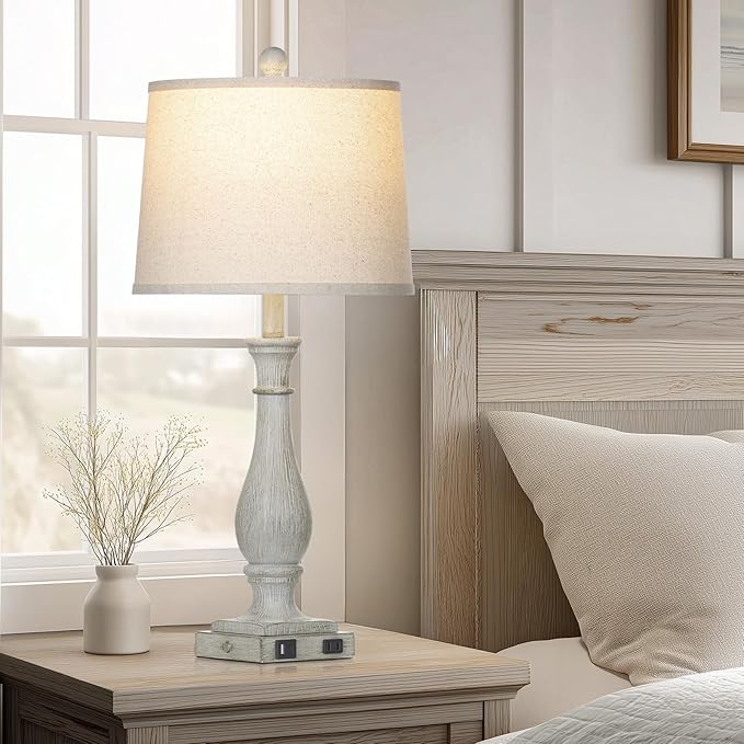 27.5" Grey Farmhouse Lamps Set of 2, Vintage Living Room Table Lamps with USB C+A Ports & AC Outlet, 3-Way Touch Control Bedside Lamp, Rustic Resin Bedroom Lamp for Nightstand Side Table Desk