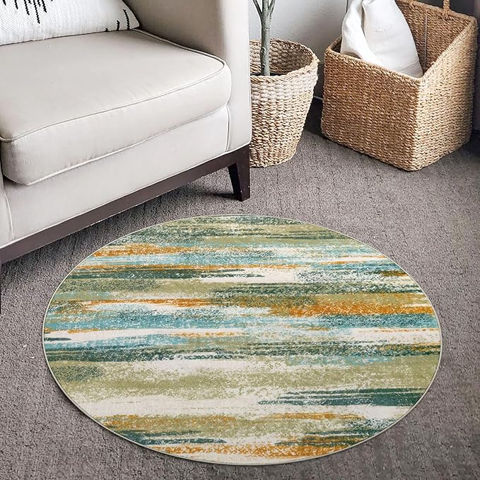 Modern Abstract Round Rug 3Ft, Green Mustard Multi Round Rug Washable Non-Slip Soft Small Circle Rug, Circular Entryway Rug Thin Print Faux Wool Carpet for Bedroom Living Room Office