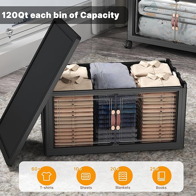 Extra Large Stackable Storage Bins with Lids & Wheels & Door, 448QT-112QT/28GAL*4Pack Foldable Collapsible Closet Organizers, Plastic containers drawers for bedroom Dorm
