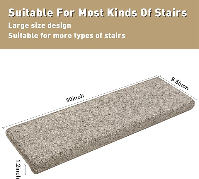 PURE ERA Carpet Stair Treads Ultra Plush 9.5" X 30"Soft Bullnose Indoor Stair Protectors Pet-Friendly Non-Slip Skid Resistant Tape Free Washable Reusable(7 Pieces, Cream Gray)