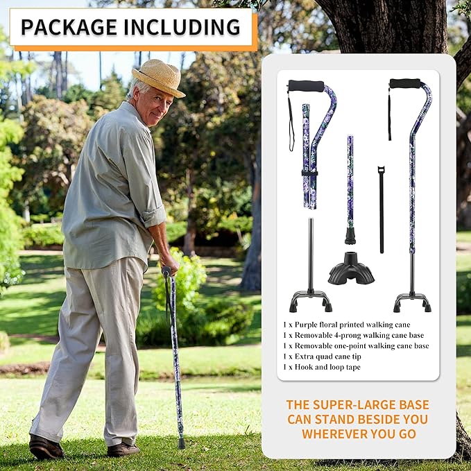 Walking Cane for Women & Men, Adjustable Quad Cane with 4-Prong Base for Stability and Balance, Folding Aluminum Walking Stick for Seniors