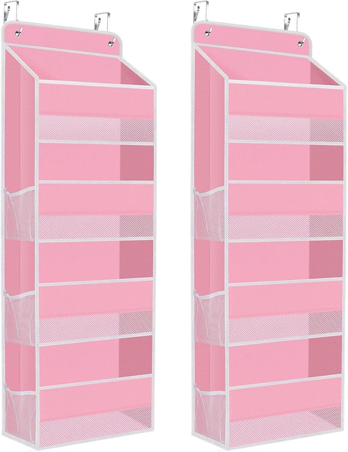 2 Pack Over The Door Organizer Hanging Storage Organizers with Clear Window 40lb Large Capacity Room Organizer for Pantry Laundry Bathroom Nursery Closet(Pink)