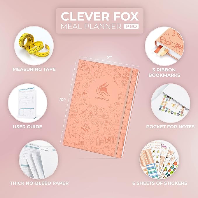 Clever Fox Meal Planner PRO – Weekly Meal Prep Journal with Grocery List & Weigh Loss Tracker – Diet, Fitness & Welness Log Book – Nutrition Diary Notebook – Lasts 12 Months, 7x10” (Light Pink)