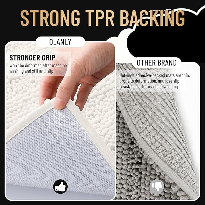OLANLY Thick Bathroom Rugs 47x20, Extra Soft Absorbent Chenille Striped Bath Rugs, Rubber Backing, Machine Wash Dry, Bath Mats for Bathroom Floor, Tub and Shower, Home Decor Accessories, Ivory