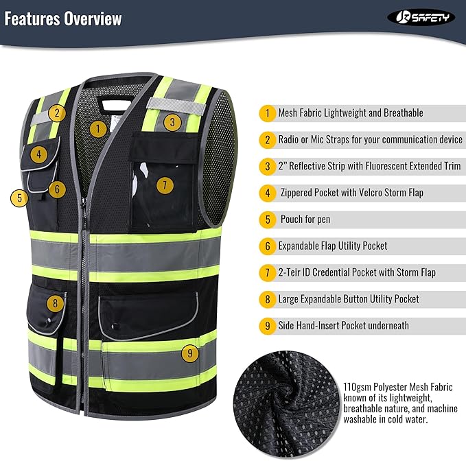 JKSafety 11 Pockets Hi-Vis Black Mesh Safety Vest for Men Women High Visibility Reflective Construction with Zipper Work Utility PPE Work Gear ANSI/ISEA compliant (102-Black 3XL)