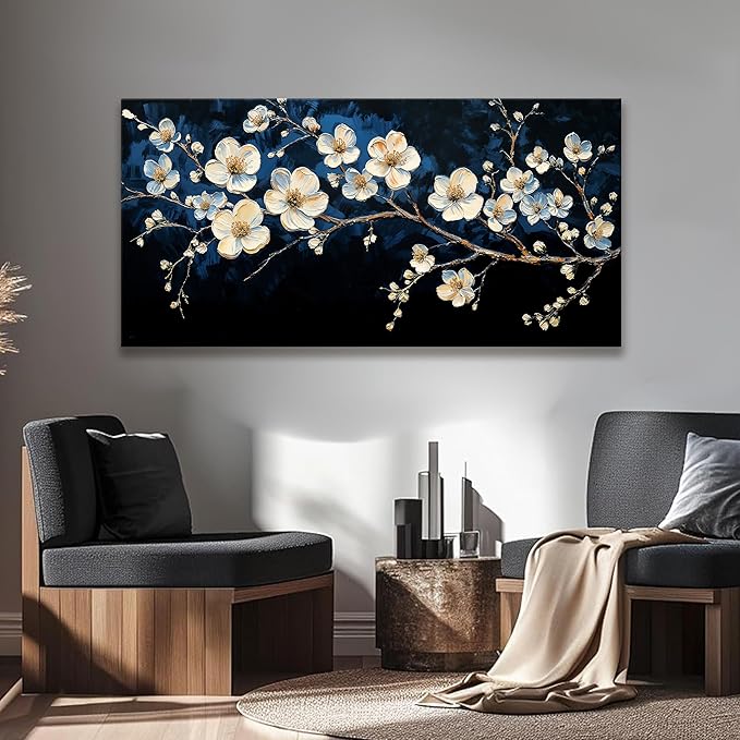 Suconvng Black Wall Art Minimalist Canvas Wall Art Decor White Flower Wall Art Canvas Artwork Print Paintings Picture For Bedroom Botanical Office Aesthetic Home Wall Decor 20" X 40"