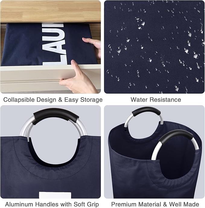 Large Laundry Basket Collapsible，Freestanding Clothes Hamper Bag with Handles – Tall Folding Dirty Laundry Bin，Sturdy Laundry Sorter for College Dorm，Laundry Room – 95L (Navy Blue)