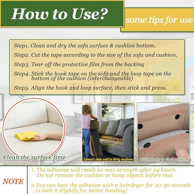 TEUVO 4.3" x 26.3 Feet Adhesive Hook and Loop Tape Heavy Duty Cushion Grip, Non Slip Couch Cushion Strips to Keep Couch Cushion Mattress from Sliding Outdoor No Punching Picture Wall Hanging Strips