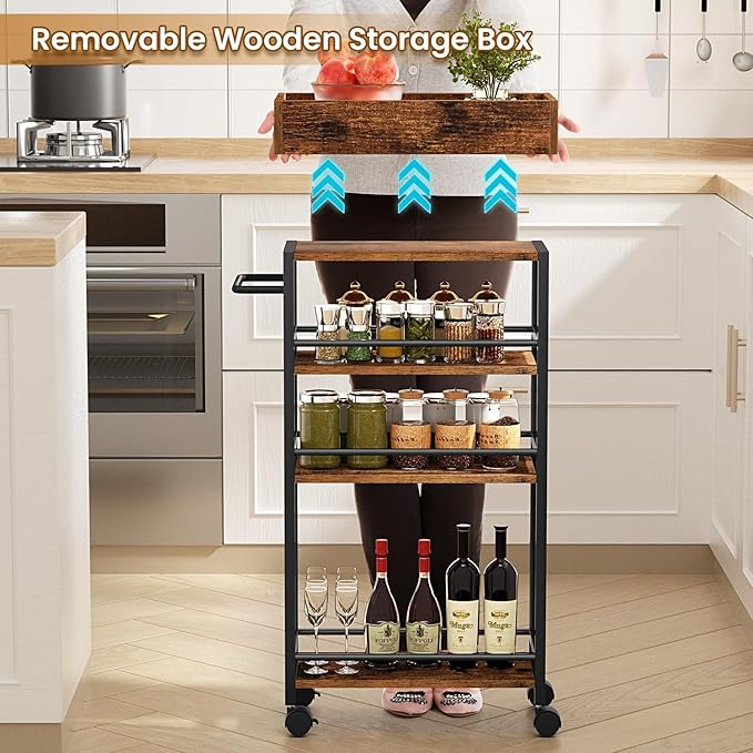 Slim Storage Cart, 4 Tier Rolling Cart with Handle, Rolling Carts with Wheels, Metal Frame Narrow Cart for Small Spaces for Kitchen, Dining Room, Bathroom, Laundry Room, Office