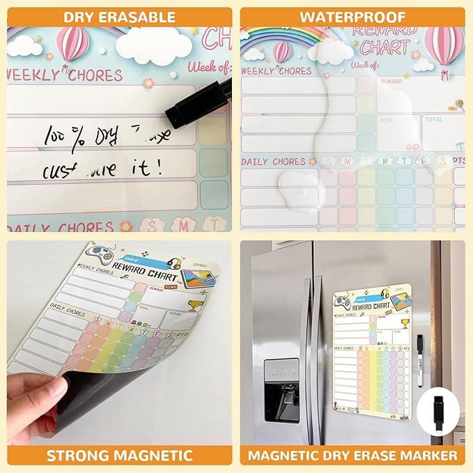 Magnetic Dry Erase Chore Chart for Two Kids at Home, Reward Chart for Kids Behavior. Includes 52 Static Tasks,126 Golden Stars and 8.5"x12" Video Game& Rainbow Magnetic Charts Each