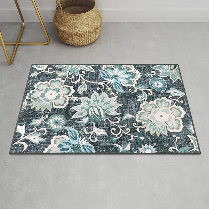 Beeiva Floral Entry Rugs for Inside House,2x3 Non Slip Washable Kitchen Rug Front Door Mat, Ultra Thin Doormat Non-Shedding Throw Carpet for Bedroom Bathroom (Blue,2'x3')