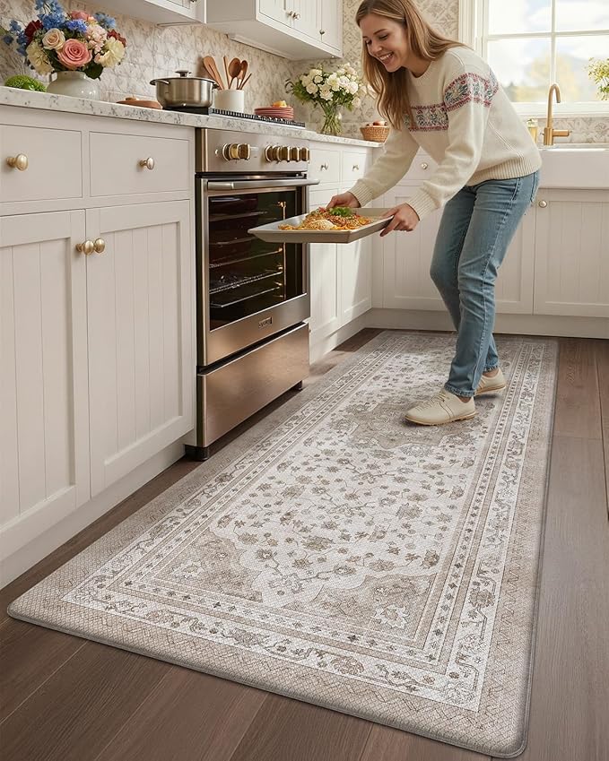 Color&Geometry Kitchen Floor Mats Anti Fatigue, Cushioned Boho Rugs,Waterproof Non Slip Kitchen Runner for Sink, Standing Mats for Office,24"x87",Beige