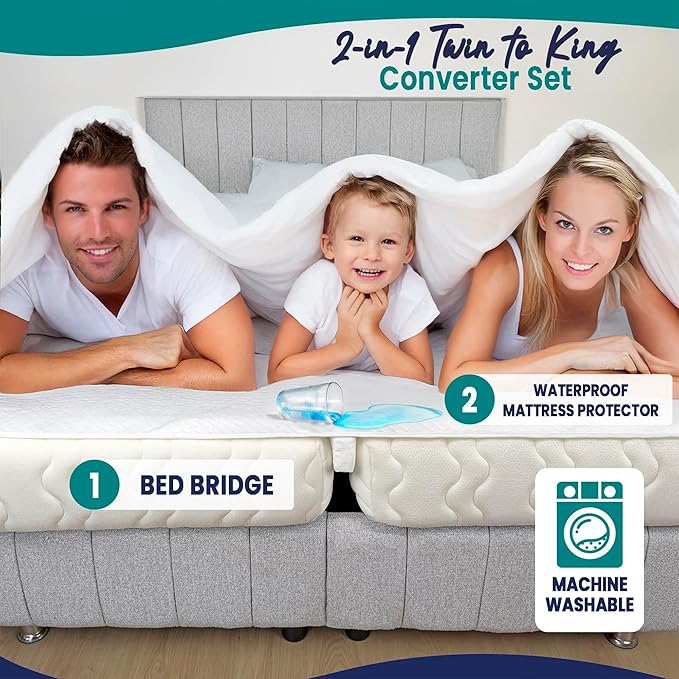 2-in-1 Bed Bridge Twin to King Converter with Waterproof Mattress Protector & Elastic Straps | Split King Gap Filler for Adjustable Bed | Non-Slip Bottom | 75"
