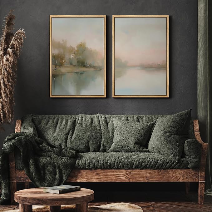 MUDECOR Framed Canvas Print Wall Art Tranquil Reflection Serene River Landscape Illustrations Modern Art Decorative Bohemian Chic for Living Room, Bedroom, Office - 24"x36"x2 Natural