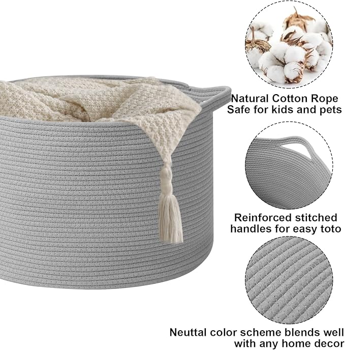 Large Storage Basket with Handle,23.6" x 23.6" x 15.7" Blanket Basket Storage Bins for Organizing,65L Cotton Rope Woven Baskets for Living Room, Nursery,Bedroom,Light Gry