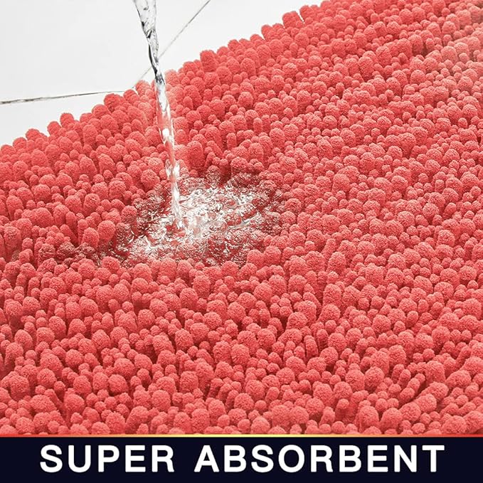 Walensee Bathroom Rug 2 Pieces Set Non Slip Bath Mat (20"x32" Plus 20"x24" U Living Coral) Water Absorbent Super Soft Shaggy Chenille Machine Washable Dry Extra Thick Perfect Carpet for Shower Floor