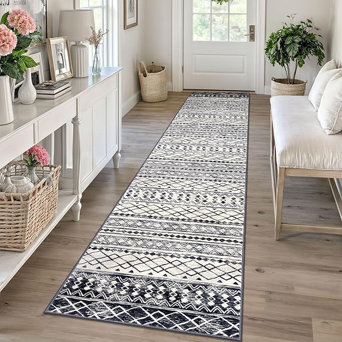 KUTA Moroccan Washable Runner Rug, 2x10 Non-Slip Vintage Black Navy Blue Boho Hallway Kitchen Runners Ultra Soft Distressed Geometric Floor Carpet Rugs for Bedroom Laundry Living Room